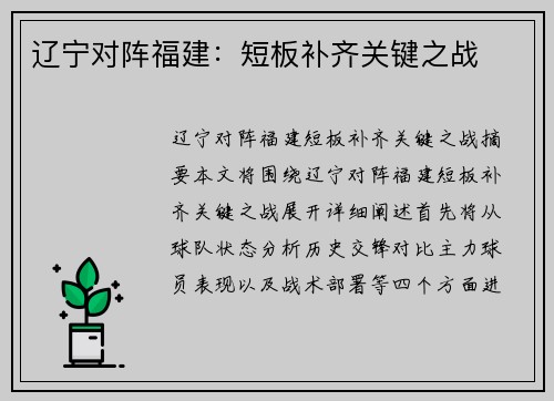 辽宁对阵福建：短板补齐关键之战